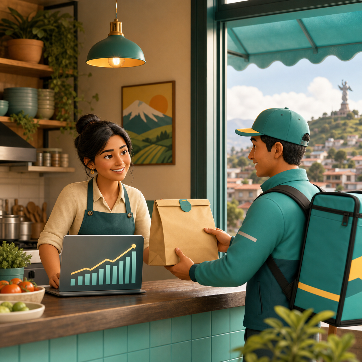 Comerciante entregando un pedido a un repartidor Turbito